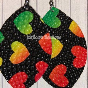 Multicolored Hearts on Black Teardrop Faux Leather Earring (2) ER2609 Handmade
